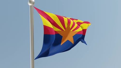 Realistic Arizona State Flag Waving on Pole with Blue Sky