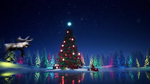 Weihnachtsmann reitet mit dem Schlitten um den Weihnachtsbaum 4K