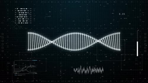Futuristic DNA Double Helix Animation with HUD Elements