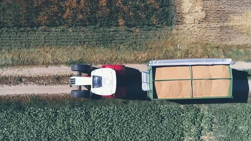 Tractor Harvesting Grain in Rural Field Overhead Aerial
