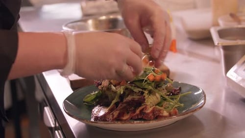 Restaurant Cuisiner le chef prépare une salade avec du poisson et des morceaux de citrouille dans une assiette