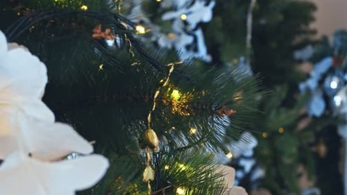 Christmas Tree with Lights and Decorations at Home