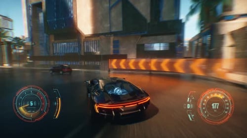 Futuristic Car Driving Through a Cyberpunk City with HUD