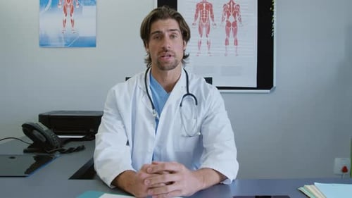 Doctor Speaking Directly to Camera in Office