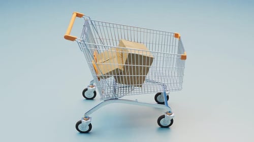 Animation of packages falls into a cart. Concept of shopping and shipping. Buy.