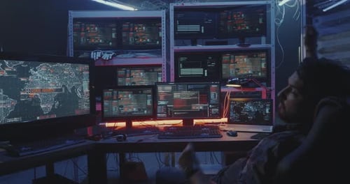 Hacker viendo varios monitores