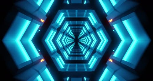 4K seamless loop flying into spaceship tunnel, sci-fi spaceship corridor.