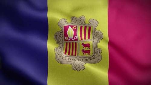 Waving Flag of Andorra with National Coat of Arms