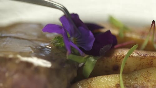Flower Being Placed on Gourmet Food Plate