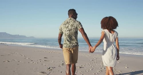 Rear view of African American couple walking side by side at beach