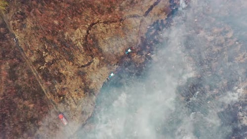 Aerial View. Spring Dry Grass Burns During Drought Hot Weather. Bush Fire And Smoke. Fire Engine