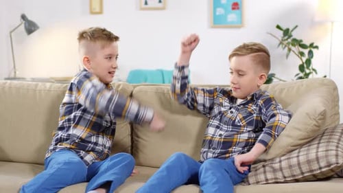Caucasian Twin Brothers Fooling Around at Home