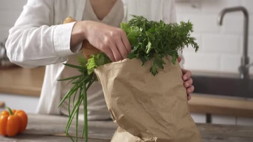 No más plástico. Una mujer joven saca la comida de una bolsa ecológica de papel a la cámara. Señora que sostiene una bolsa de papel