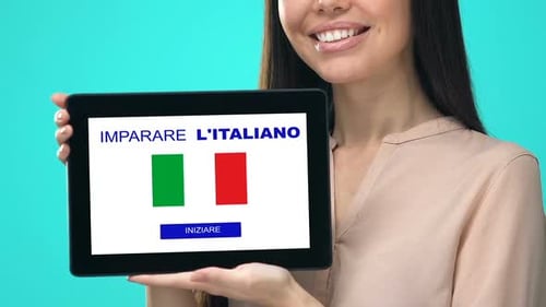 Woman Holding Tablet with Italian Learning App