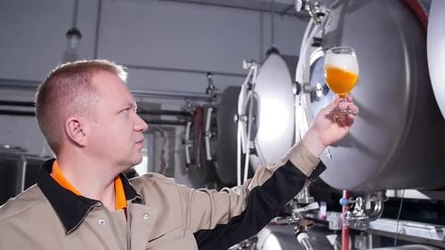 Small Business and Manufacturing Concept. Brewers Testing Beer at Brewery