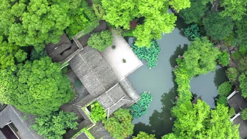 Aerial of Ancient traditional garden, Suzhou garden, in China.