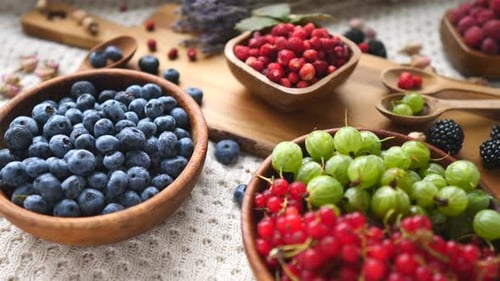 Closeup Of Mixed Organic Berries On Table.