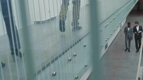 Two Male Coworkers Going along Office Building and Talking