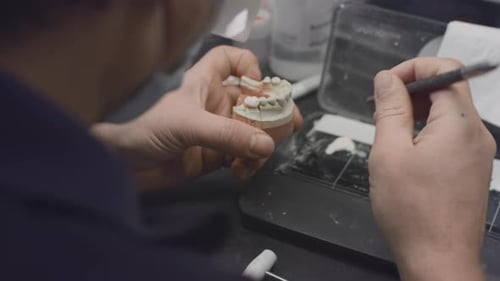 Dentist Working on Teeth in Laboratory Close Up
