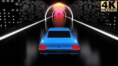 Blue Sports Car Driving in Futuristic Neon Tunnel Loop
