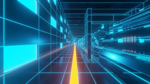 Vj abstract neon concept of sci-fi corridor. 3d blue orange light tunnel.