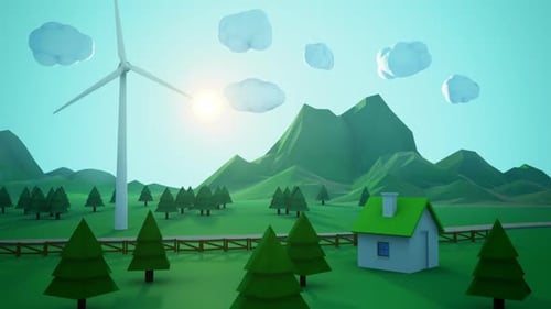 Animated Low Poly Landscape with Wind Turbine and Energy Transfer