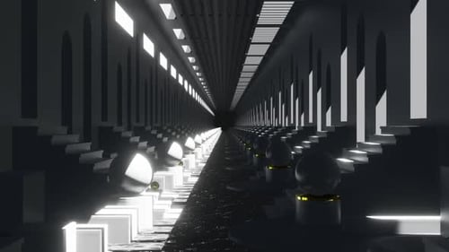 Dark Futuristic Tunnel with Glowing Spheres and Pillars Loop