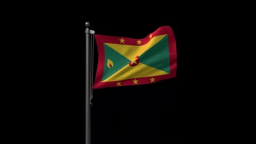 Grenada Flag On Flagpole With Alpha Channel