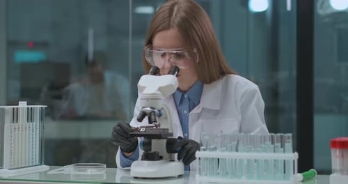 Scientist Works at Microscope in a Lab