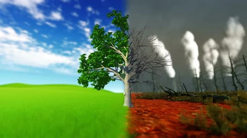 Environmental Contrast: Healthy Tree Versus Pollution and Desolation