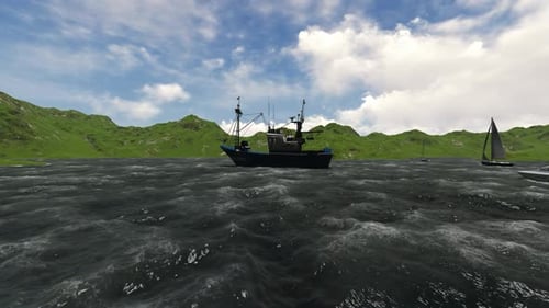 Animated Ocean Landscape with Moving Boats and Green Hills
