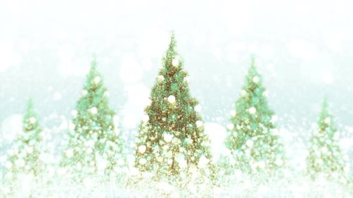 Sparkling Christmas Trees with Falling Snow and Bokeh Lights Background