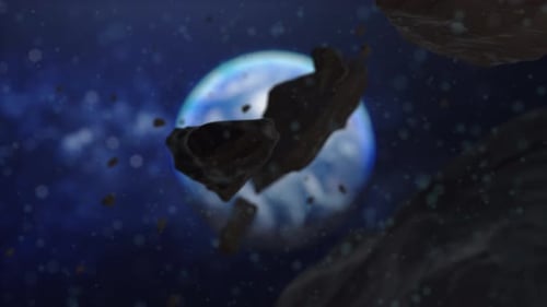 Asteroids Floating Around a Distant Blue Planet in Space