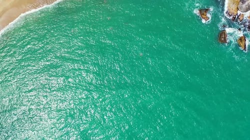 Natural birds eye abstract shot of a white sand paradise beach and aqua blue ocean background in col