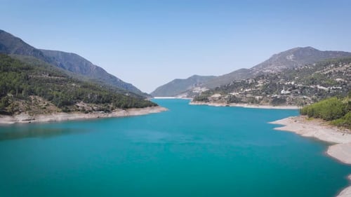 Mountain river on a tropical island, top view. Top view on the canyon with a river