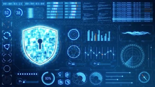 Blue shield with head up display background and futuristic technology abstract background