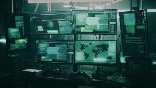 Futuristic Cybersecurity Workstation with Multiple Monitors Displaying Code