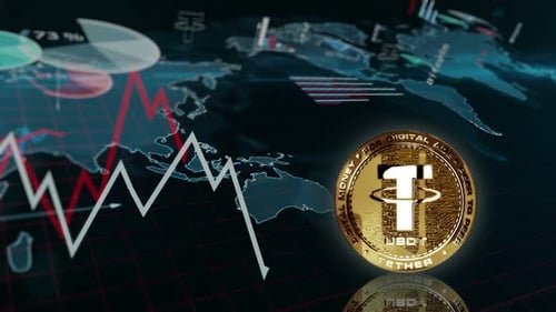 Tether USDT stablecoin cryptocurrency golden rotating coin loop on chart