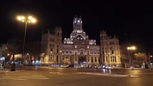 Timelapse of Traffic at Cibeles Square in Night Madrid, Spain