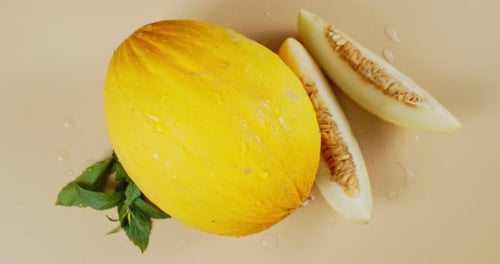 Die
Stücke und die ganze Melone mit Laub drehen sich langsam.