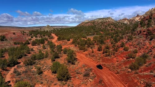 Beautiful aerial of a black car driving through desert wilderness with few trees around on a hilly t