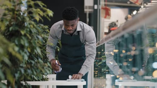 Man Cleaning Table in Restaurant with Spray