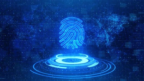Fingerabdruck, gedruckte Schaltung, Freigabe von Binärcodes, Mikrochip-Konzept.