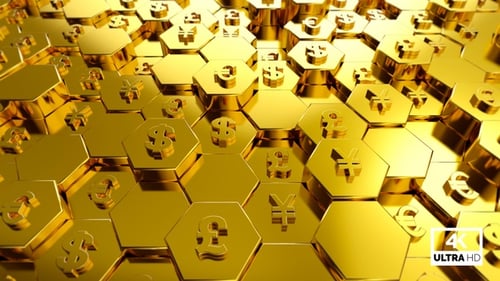 Animated Golden Hexagonal Grid with Global Currency Symbols