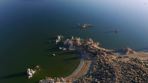 Drone Descending Over Cinematic Landscape Scenic White Rocks Mono Lake