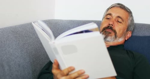 Man Reads Book on Couch at Home
