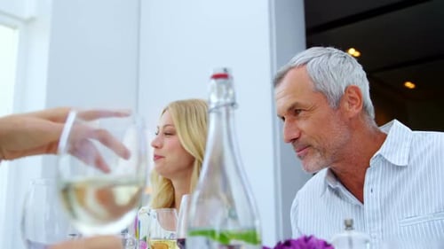 Friends interacting with each other while having glass of wine