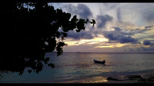 Aerial drone panorama of tropical seashore beach journey by blue sea and white sand background of a