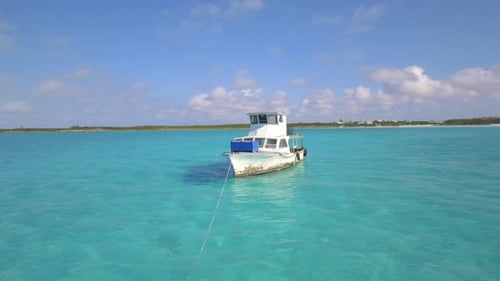 Aerial drone view of a fishing motor boat in the Bahamas, Caribbean.
