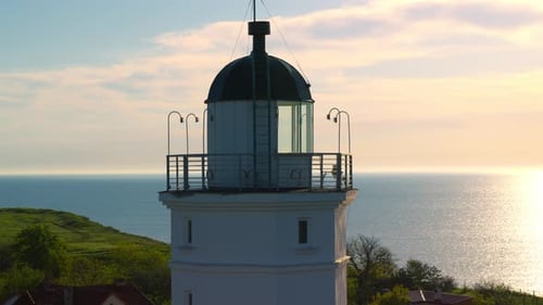 Closeup Sea Lighthouse Aerial View